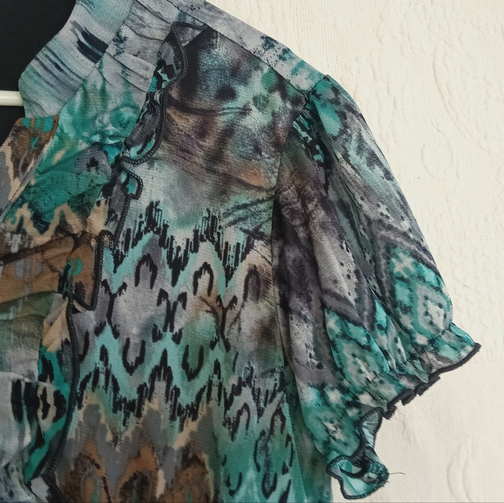 Elementz Cute Turquoise Blouse Ruffle Flowy Button Down Cap Sleeves Western Boho - Picture 3 of 11